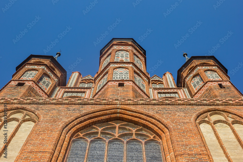 Facade of the historic St. Mary church in Torun, Poland