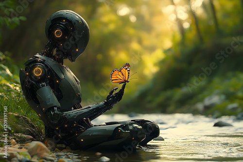 a robotic man sits by a serene riverbank, delicately holding a small, vibrant butterfly on his finger. harmony between technology and nature, tech, environmental, sci-fi themed art
