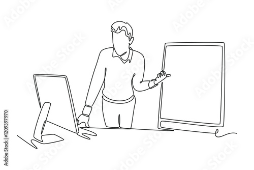 simple continuous line draw male teacher is teaching online with a computer. Teachers day minimalist concept. School activity.
