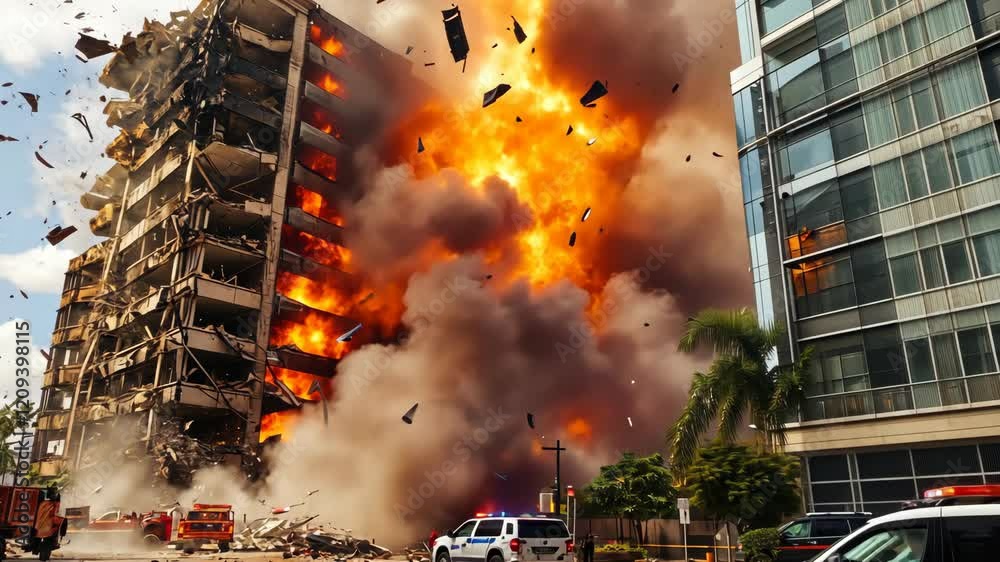 A building explosion in an urban area, with debris raining picture