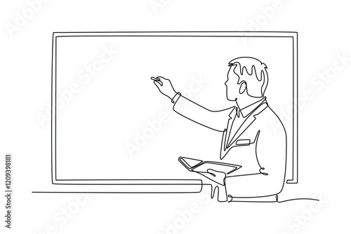 simple continuous line draw of male teacher is teaching. write on the blackboard. Teachers day minimalist concept. School activity.
