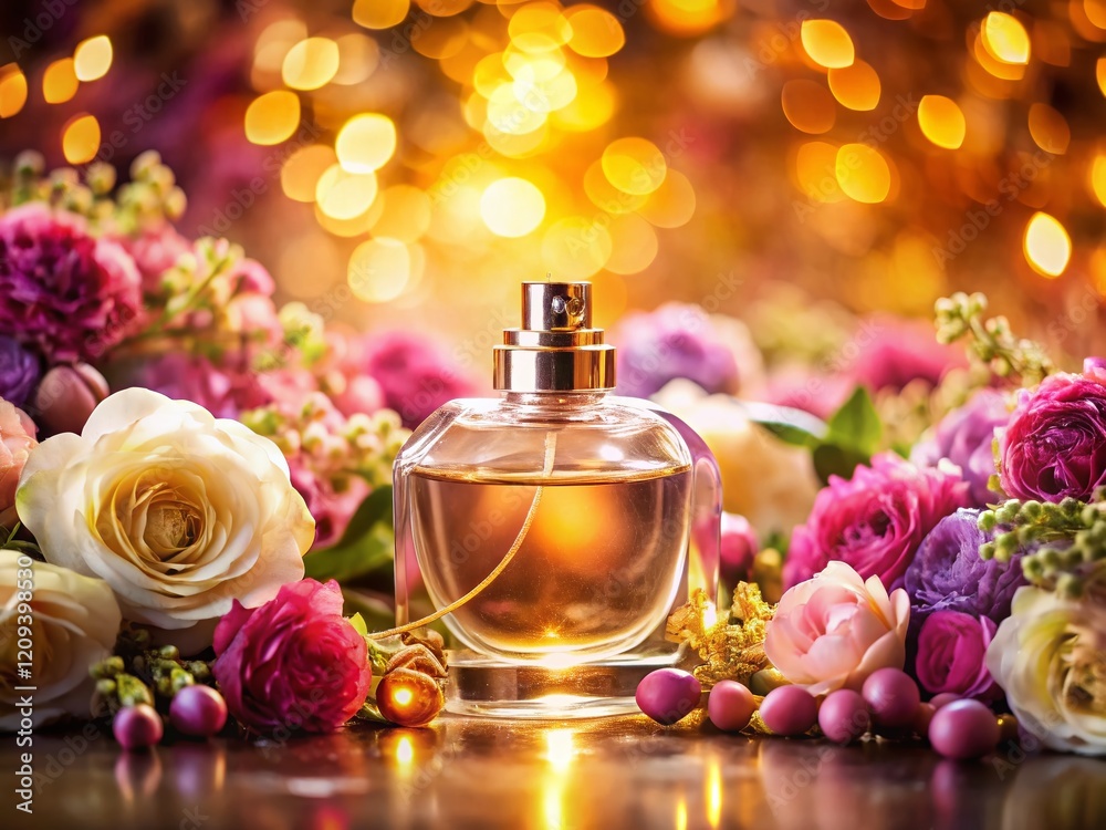 Elegant Perfume Bottle with Blooming Flowers, Soft Bokeh Background Elegant Perfume Bottle with Blooming Flowers, Soft Bokeh Background