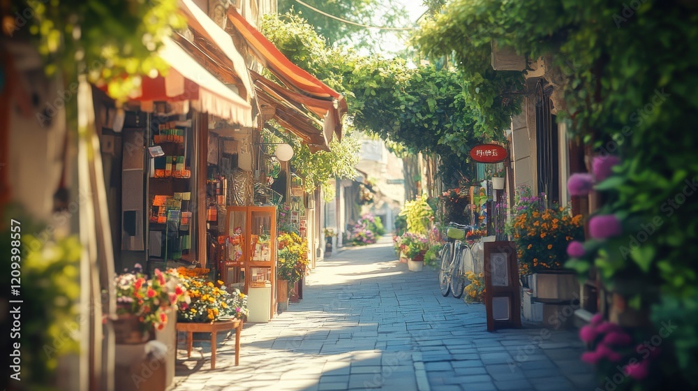 Fototapeta premium Charming street with vibrant flowers and quaint shops under soft sunlight.