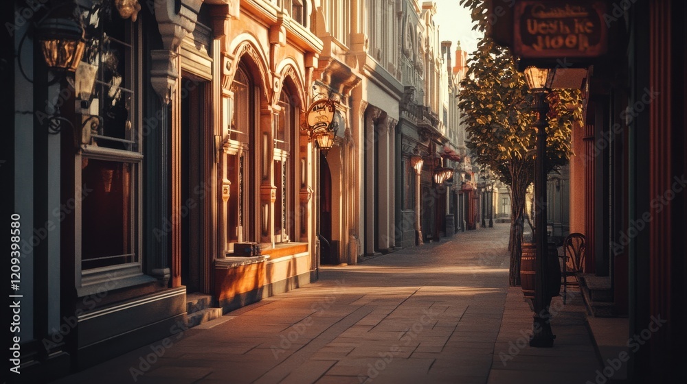 Obraz premium Charming street with vintage architecture and soft golden sunlight at dusk.
