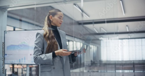 Wallpaper Mural Elegant Caucasian Woman Standing Next to a Glass Wall in Office, Checking Emails and Scheduling Appointments on Laptop Computer. Manager Maintaining a Busy Schedule in a Professional Environment Torontodigital.ca
