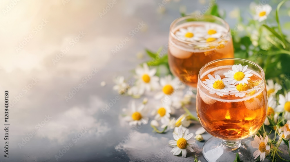 Chamomile Iced Tea Delight: A refreshing summer drink, two glasses of chamomile iced tea with chamomile flowers, adorned with ice cubes. Sunlight bathes the scene. Chamomile Iced Tea Delight: A refreshing summer drink, two glasses of chamomile iced tea with chamomile flowers, adorned with ice cubes. Sunlight bathes the scene.
