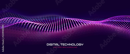 Digital Data Flow Vector Background. Big Data Technology Particles. Tech Business Backdrop. Dots Grid Waves Landscape. Information Flow in Virtual Reality Cyberspace. Vector Illustration.