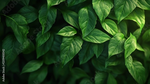 A macro shot of overlapping dark green leaves with detailed textures and subtle lighting. The natural gradient of green tones adds depth and a calming tropical vibe. Photorealistic 4K quality.