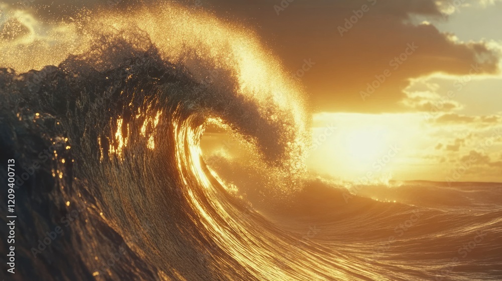 A massive Teahupoo wave illuminated by golden sunlight, its translucent blue barrel forming a perfect arc. The frothy white spray dances in the air, capturing the energy of the ocean