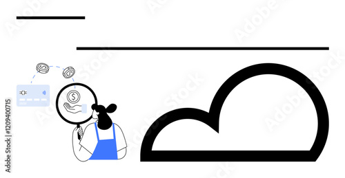 Woman examining financial symbols and credit card with magnifying glass near large cloud outline. Ideal for finance, data analysis, cloud computing, security, online transactions, fintech