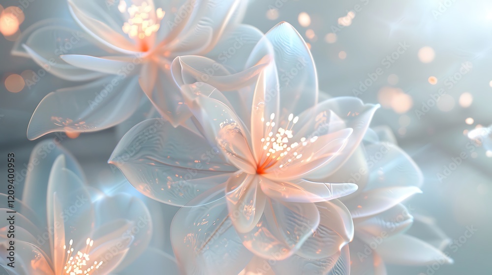 Fototapeta premium A delicate composition of glowing flowers with translucent, light-emitting petals, blending seamlessly into a pure white background. 8k UHD, suitable for high-quality printing or digital display. 