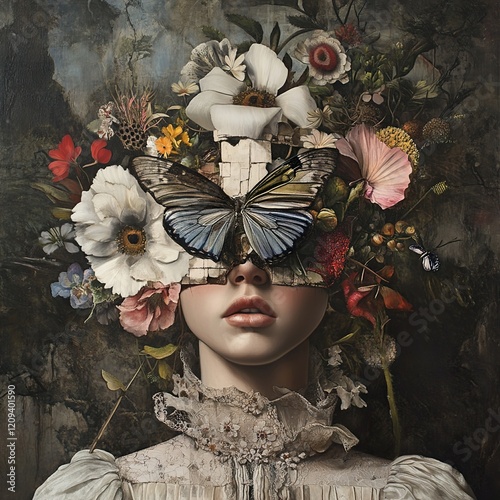 Enigmatic Woman with Butterfly Mask: Surreal Floral Art