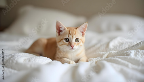 Lindo gato en una cama de sábanas blancas suaves y sedosas