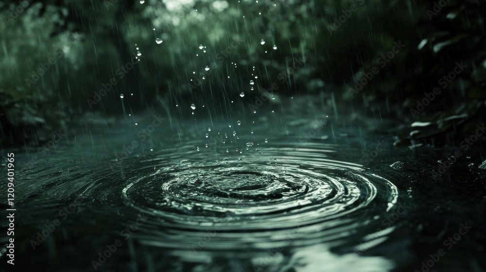 Close-up of raindrops creating ripples in a serene water surface, greenery in background. Close-up of raindrops creating ripples in a serene water surface, greenery in background.
