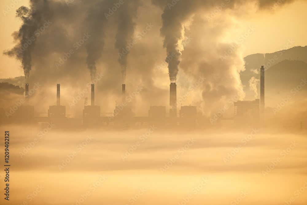 Smog-Filled Skyline, A haunting view of industrial chimneys spewing black smoke, shrouded in a thick blanket of smog. The golden light of sunrise battles with the air pollution.