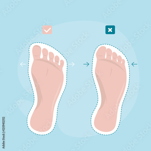 Abnormal of foot shape from deformity joint connecting big toe. Problem of foot form wearing high heel make. Barefoot shoes care. compare healthy and deformity feet.