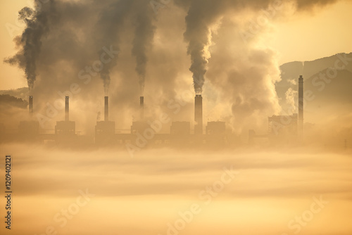 Obraz na płótnie Smog-Filled Skyline, A haunting view of industrial chimneys spewing black smoke, shrouded in a thick blanket of smog. The golden light of sunrise battles with the air pollution. w salonie
