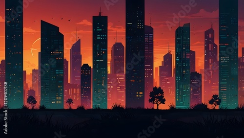 City lights, cartoon style, illustration glow core flat design towering skyscape, seamless looping overlay 4k virtual video animation background and background illustration design.
