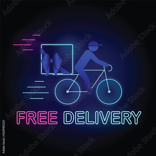Neon Free Delivery Banner, a delivery man riding bicycle with package tied with bow and neon text Free Delivery