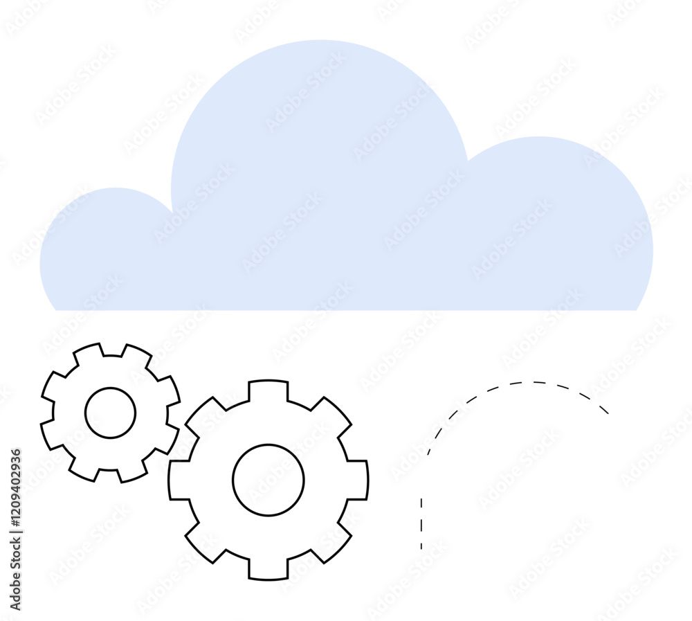 Light blue cloud above two interlocking black gears with a dashed line suggesting movement. Ideal for technology, cloud computing, automation, engineering, innovation, business processes, and IT Light blue cloud above two interlocking black gears with a dashed line suggesting movement. Ideal for technology, cloud computing, automation, engineering, innovation, business processes, and IT
