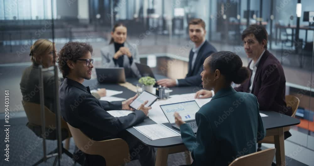 Diverse Business Team Engaged in Lively Discussion During a Brainstorming Session in a Glass Conference Room. Creative Ideas Flow as Male and Female Team Members Share Their Insights and Perspectives