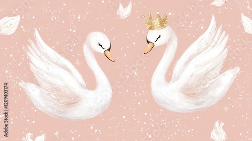 Fototapeta Naklejka Na Ścianę i Meble -  Swan princess with golden glitter crown seamless pattern cute children 