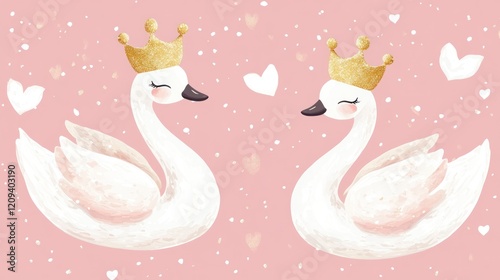 Fototapeta Naklejka Na Ścianę i Meble -  Swan princess with golden glitter crown seamless pattern cute children 