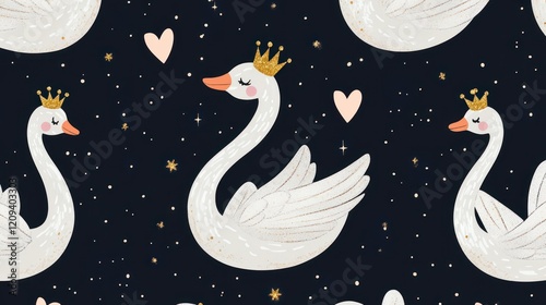 Fototapeta Naklejka Na Ścianę i Meble -  Swan princess with golden glitter crown seamless pattern cute children 