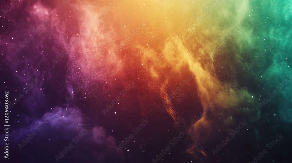 Naklejka premium A vibrant rainbow explosion of color powder with swirling shades of green, orange, and purple. The dynamic burst of dust and texture creates a festive, celebratory feel.