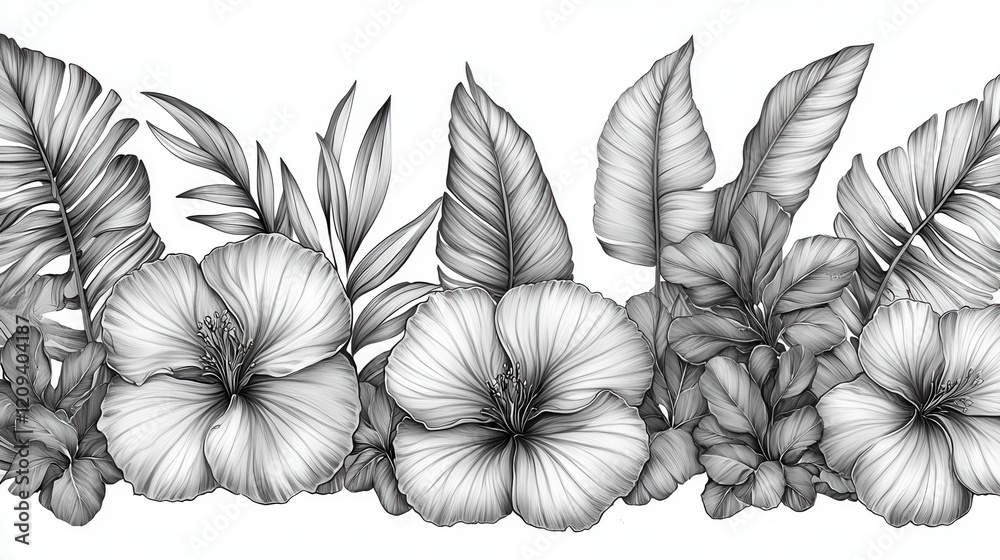 Monochrome tropical floral border with hibiscus and palm leaves. Monochrome tropical floral border with hibiscus and palm leaves.