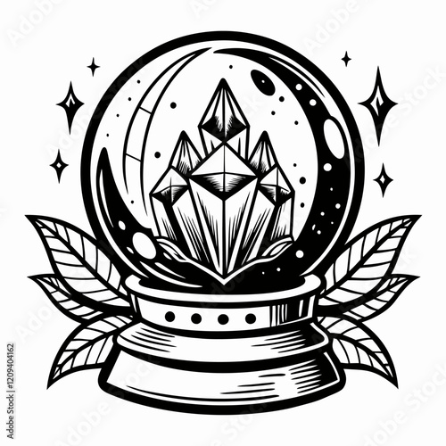 Intricate Crystal Ball with Mystical Leaves and Stars Illustration