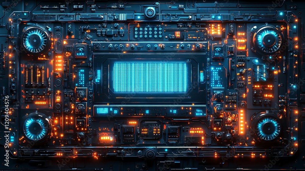 Futuristic technological control panel with glowing lights and a barcode display. Futuristic technological control panel with glowing lights and a barcode display.