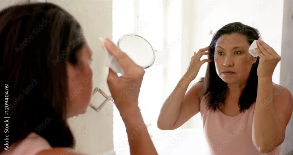 Applying skincare, woman using cotton pad in front of bathroom mirror Applying skincare, woman using cotton pad in front of bathroom mirror
