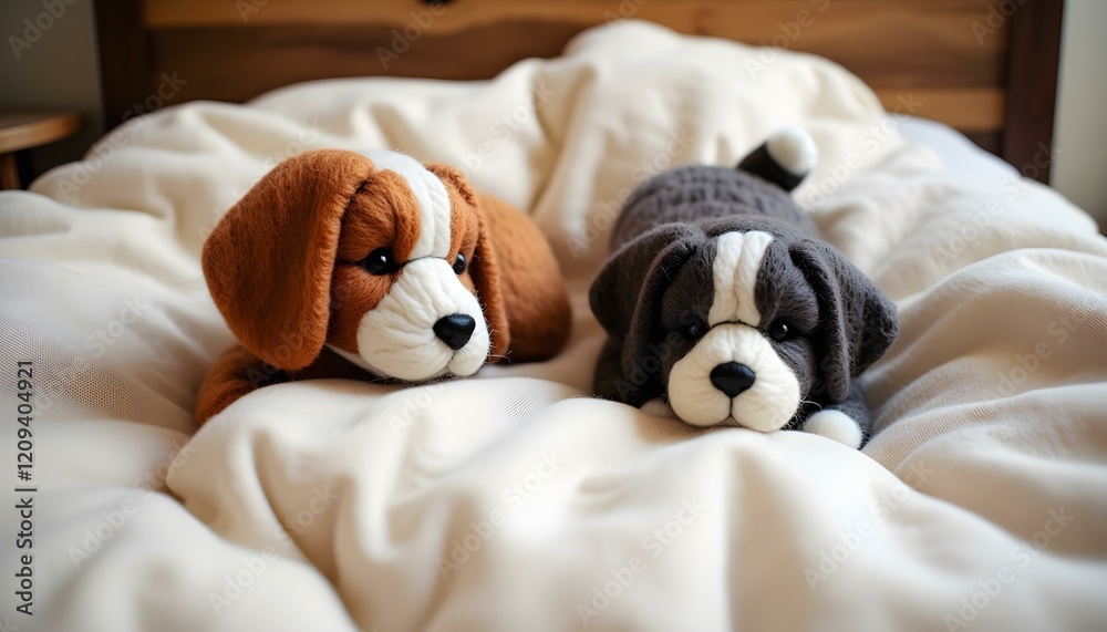 Perro de peluche en una cama de sábanas suaves y blancas Perro de peluche en una cama de sábanas suaves y blancas