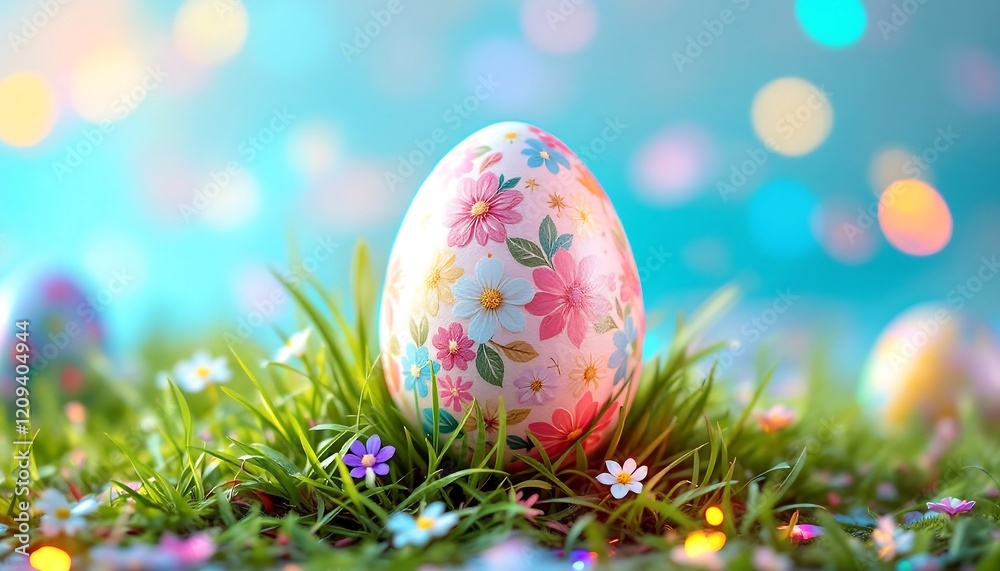 Beautiful Easter Egg in Spring Grass - Festive Holiday Image Beautiful Easter Egg in Spring Grass - Festive Holiday Image