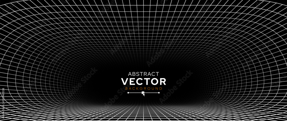 Fototapeta premium White Grid Tunnel. Grid Frame Retrowave Party Flyer Background. Round Tunnel Mesh Backdrop. Abstract Digital Background. Vintage Computer Virtual Reality VR Tunnel Tech Vector Illustration.
