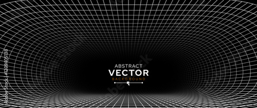 White Grid Tunnel. Grid Frame Retrowave Party Flyer Background. Round Tunnel Mesh Backdrop. Abstract Digital Background. Vintage Computer Virtual Reality VR Tunnel Tech Vector Illustration.