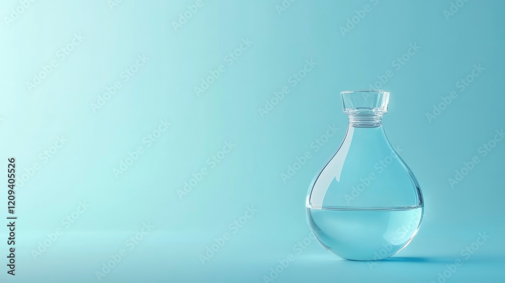 A clear glass bottle with water on a light blue background A clear glass bottle with water on a light blue background