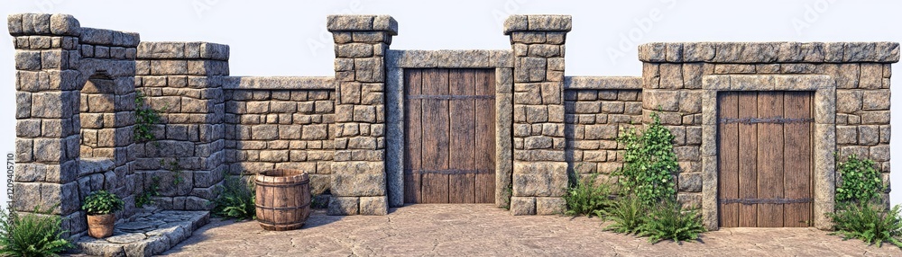 Medieval stone gate, wall, plants, barrel. Game asset Medieval stone gate, wall, plants, barrel. Game asset