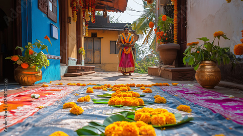 Gudi Padwa celebration in India with traditional gudi standing in the middle, decorated with bright colored silk cloth dan marigold flowers, Ai generated images photo