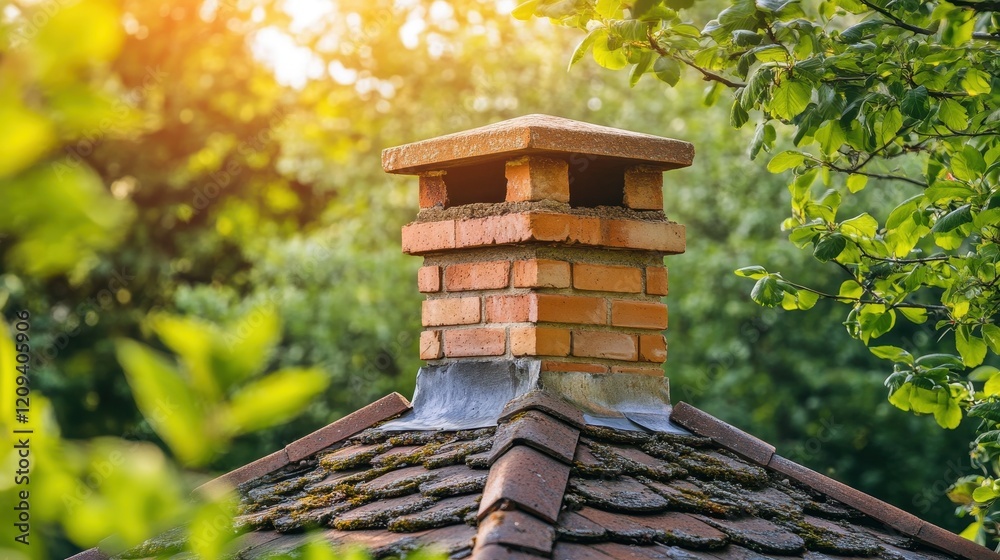 Naklejka premium Charming Brick Chimney with Greenery Background