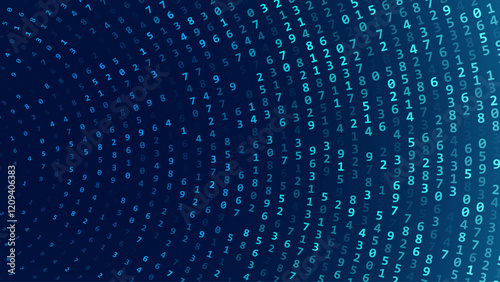 Abstract Numbers Circular Matrix Background. Binary Computer Machine Code On Arcs. Coding Programming Hacker Concept. Computer Science or Network Security Education Vector Background Illustration.