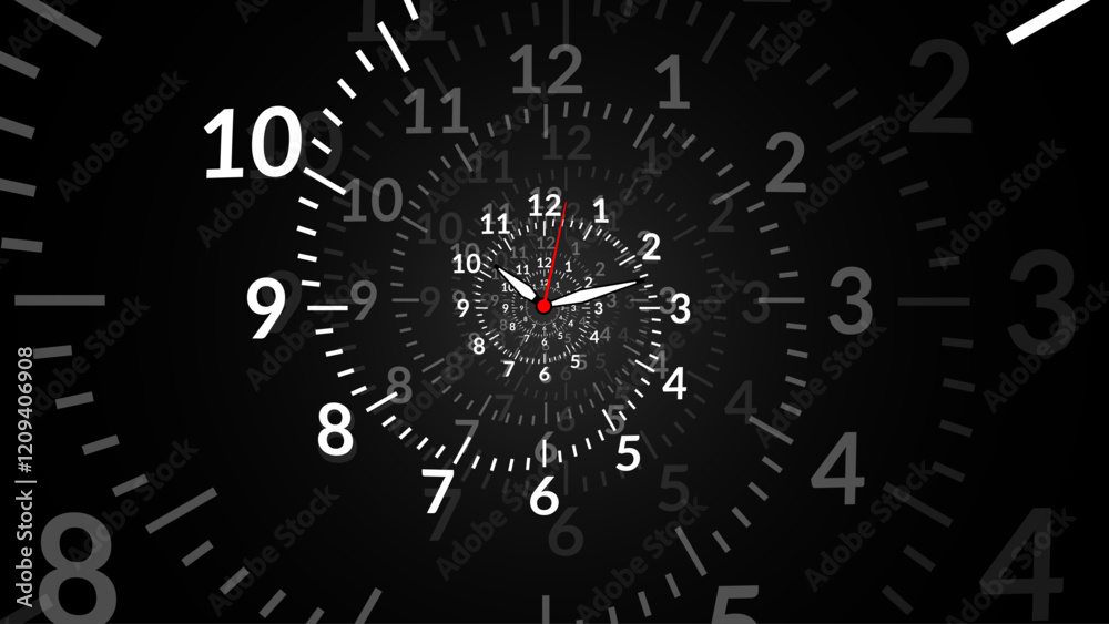 Clock Spiral Dial. Clock in Space. Time Travel Infinity Universe Concept Metaphor. Infinite Time is Flying Fast Future Concept. Timeless. Vector Illustration. Clock Spiral Dial. Clock in Space. Time Travel Infinity Universe Concept Metaphor. Infinite Time is Flying Fast Future Concept. Timeless. Vector Illustration.