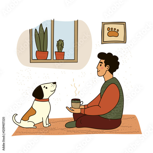 Man Enjoying Coffee at Home with His Dog Companion