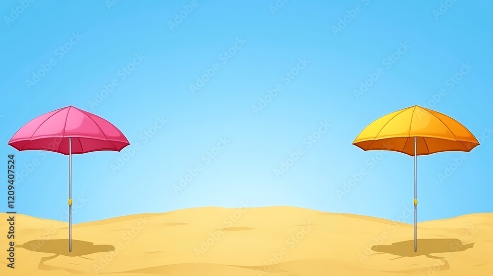 Two Beach Umbrellas on Sandy Beach Under Blue Sky Two Beach Umbrellas on Sandy Beach Under Blue Sky