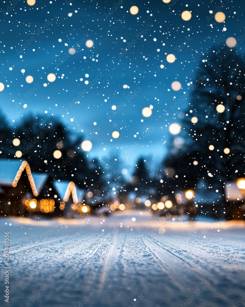 Fototapeta premium Snowflakes falling gently over a peaceful winter village at dusk,