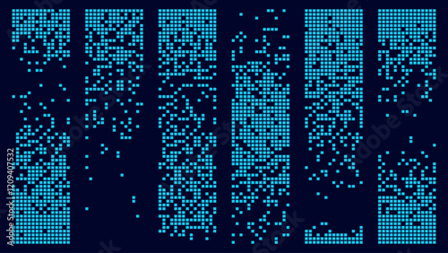 Blue Pixel Dithering Gradients Set. Disintegration Pixel Art Effect. Vector Banner Elements. Disappear Rectangle Texture. Dissolved Pixels. Vector Illustration.