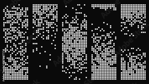1-bit Pixel Dithering Gradients Set. Dissolve Effect Banners. Disintegration Pixel Art Effect. Vector Banner Elements. Disappear Rectangle Texture. Dissolved Pixels. Vector