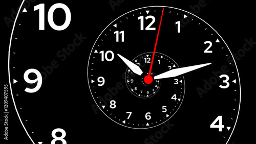 Clock Spiral Dial. Clock in Space. Time Travel Infinity Universe Concept Metaphor. Time is Flying Fast Future Concept. Vector Illustration.