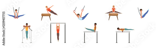 Man Athlete Character Do Gymnastics Exercise Vector Set